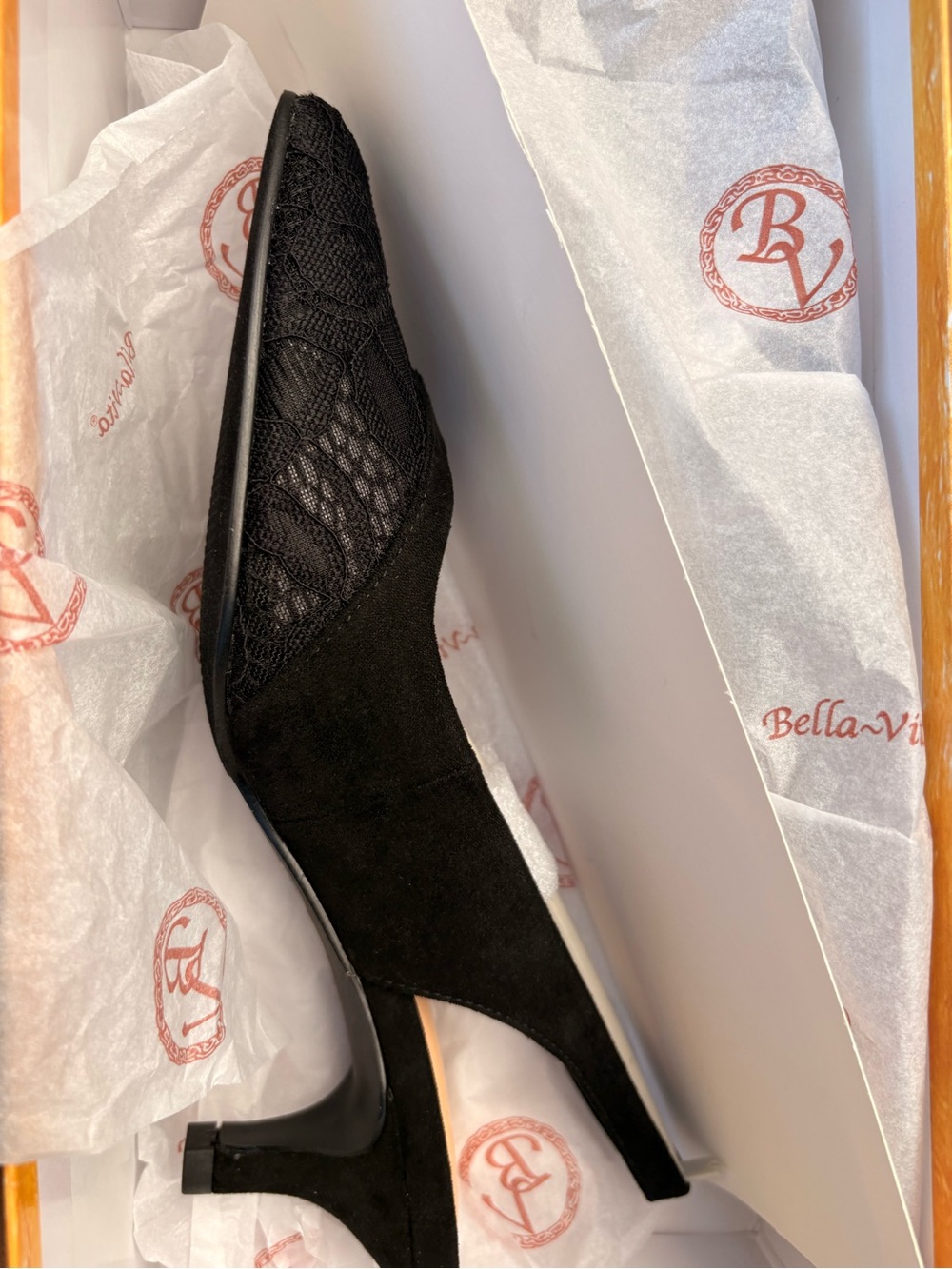 Abella Black Lace & Suede Mid Heel Pump